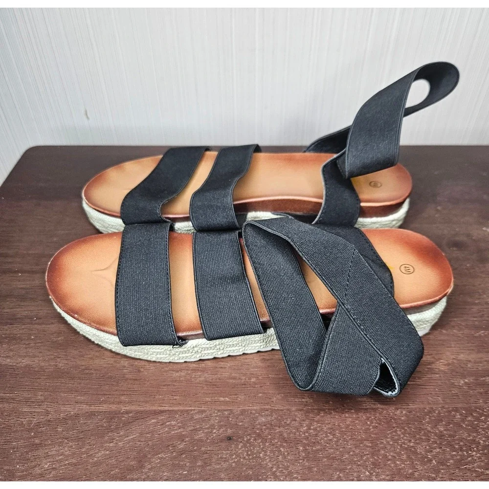Aloha Island Sandals Women 4M Black Elastic Strappy Platform Espadrille Comfort